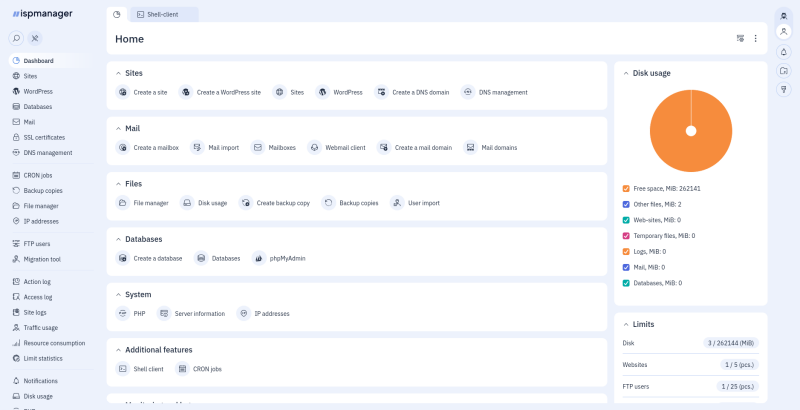 ispmanager: главный экран — сайты, почта, файлы, базы данных