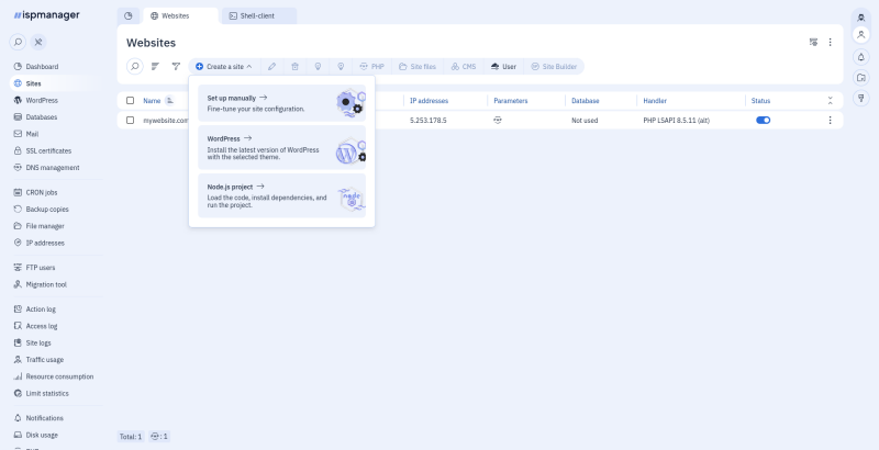 ispmanager: список сайтов, создание вручную, с WordPress или Node.js