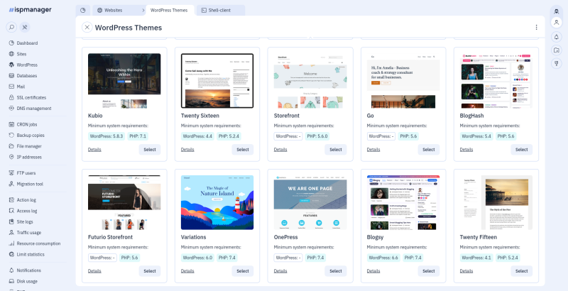 ispmanager: темы WordPress для установки вместе с сайтом