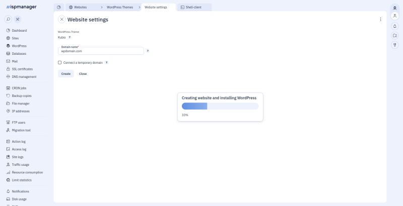 ispmanager: сайт создаётся, WordPress ставится за один шаг