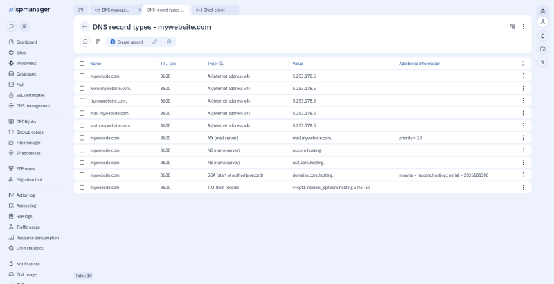 ispmanager: DNS-записи домена